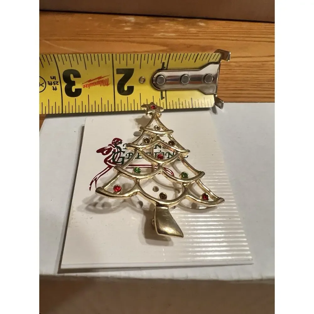 Happy Holidays Christmas Tree Brooch Pin, Gold Color w/ Round Multicolor Crystal